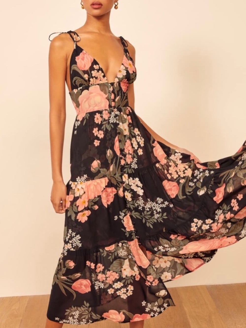 Reformation Black Midi Dress with Pink Floral Print